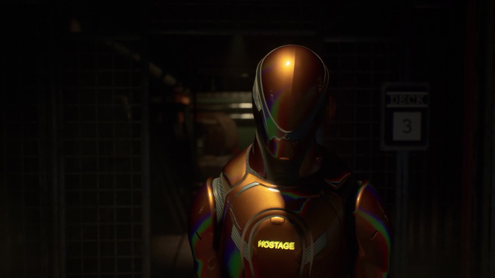 Close-up of a mocap character in a dark corridor