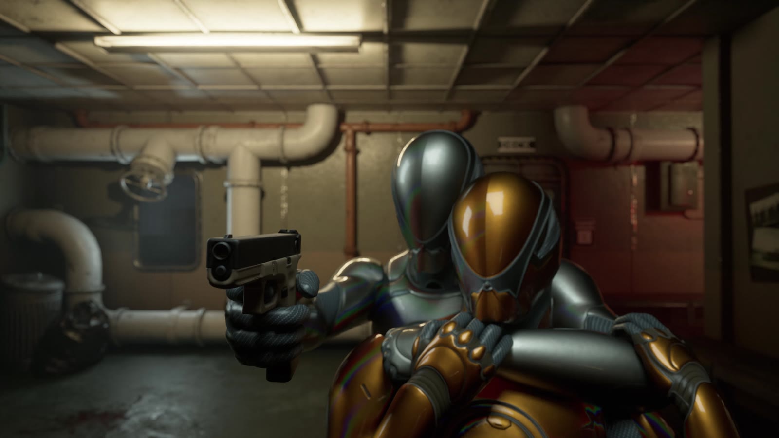 Hostage Animations: a hostage taker aiming a pistol while holding a hostage